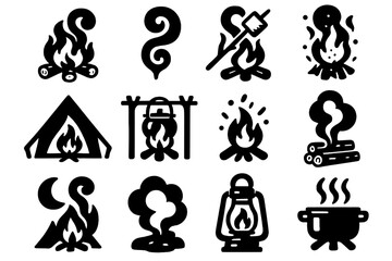 Camping silhouette icon set. featuring campfire, tent, lantern, smoke, cooking, and marshmallow symbols