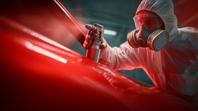 Man in protective suit painting a car with spray gun in automotive industry, concept for car manufacturing, auto refinishing and industrial protection