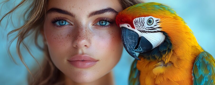 Close up portrait of a beautiful woman with freckles and a colorful aw parrot