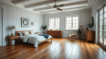 Farmhouse interior design of modern bedroom with hardwood floor