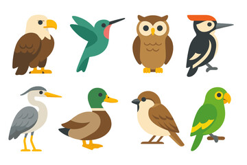 Birds flat icon set. featuring eagle, hummingbird, owl, woodpecker, heron, duck, sparrow, parrot symbols