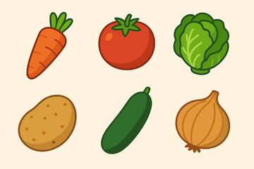 Vegetables flat icon set. featuring carrot, tomato, lettuce, potato, cucumber, onion