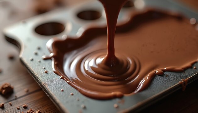 Liquid chocolate pours into mold, creating ripples with rich smooth texture. Confectionery preparation shows artisan craftsmanship for desserts, sweet treats, culinary tutorials. Decadent cocoa