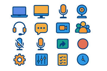Communication flat icon set. featuring laptop, monitor, microphone, webcam, headset, chat, video call, group, settings, clock