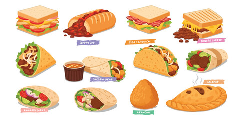 Fast food. club sandwich, BLT, grilled cheese, sloppy joe, quesabirria, chicken wrap, falafel wrap, pita sandwich, arancini, calzone. Flat vector illustrations isolated on a white background