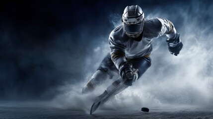 Hockey player emerging from dense fog dribbling puck with stick intense action and dramatic atmosphere