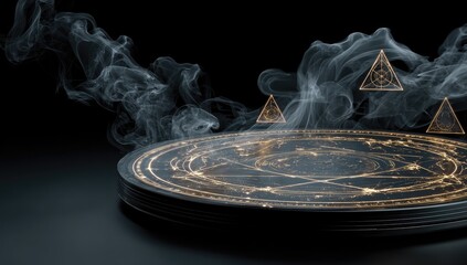 Dark, circular, mystical platform with golden symbols and smoke