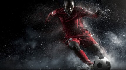 Soccer player in red uniform running fast with ball in rain on dark studio background dramatic motion