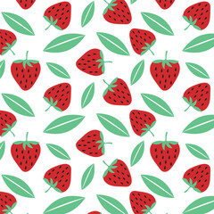 Seamless pattern of red strawberries and green leaves