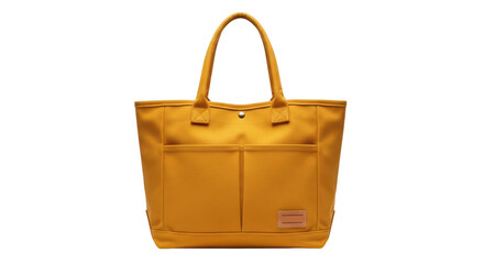 Isolated mustard yellow tote bag with carrying handles and pockets, stylish fashion accessory