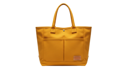 Isolated mustard yellow tote bag with carrying handles and pockets, stylish fashion accessory
