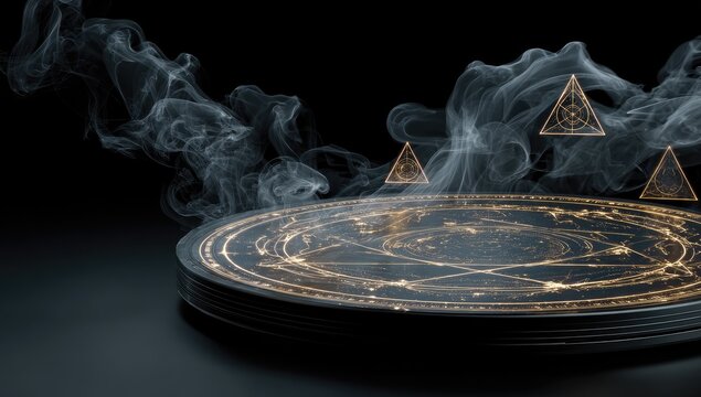 Dark, circular, mystical platform with golden symbols and smoke