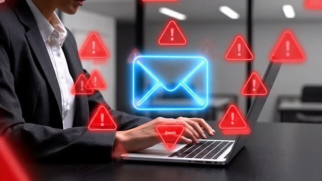 Businessman typing on laptop with warning email icons, representing email threat, phishing attack, malware, data breach, cybersecurity alert, scam message, spam risk, and online fraud protection