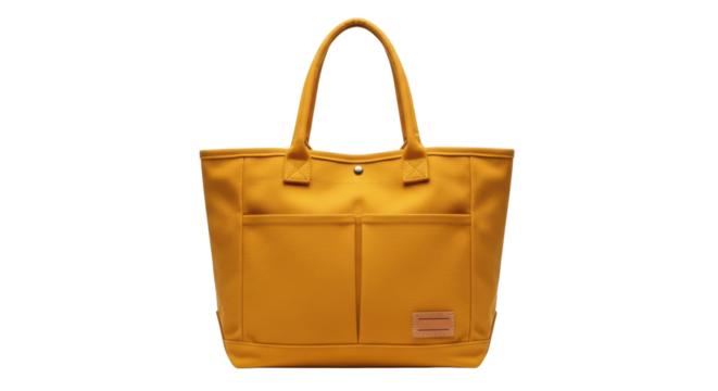 Isolated mustard yellow tote bag with carrying handles and pockets, stylish fashion accessory