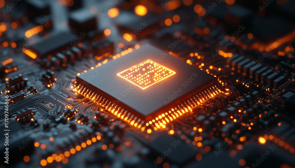 Poster close up of a glowing computer chip on circuit board