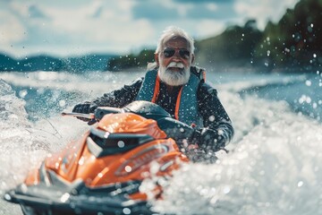 Obraz premium Happy senior man riding a jet ski, enjoying speed, freedom and adventure on the ocean