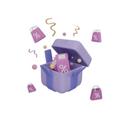 3d rendering of surprise gift box with discount coupon

