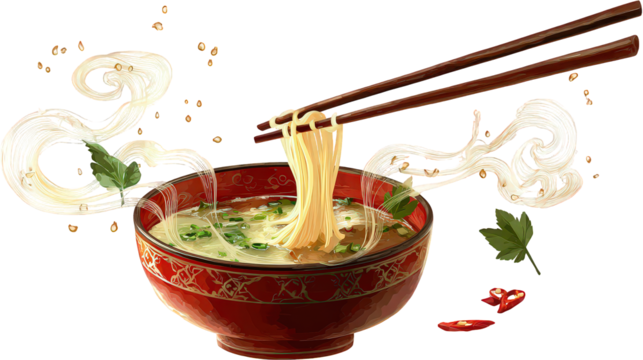 Delicious Noodles in Red Bowl with Chopsticks