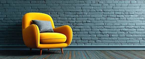 Stylish yellow armchair against a gray brick wall