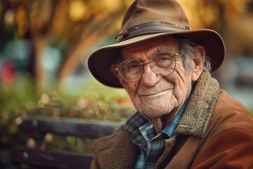 Portrait of smiling senior man wearing hat and glasses in autumn park