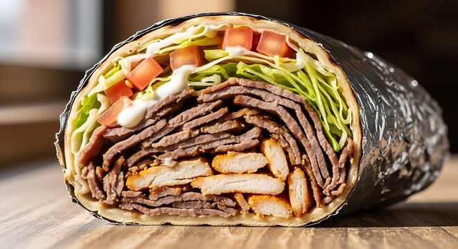 Fototapeta Delicious gyro wrap with beef, chicken, lettuce, and tomato on a table