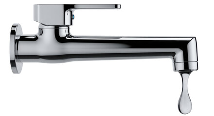 Isolated shiny chrome faucet with water drop for bathroom sink or kitchen fixture needs