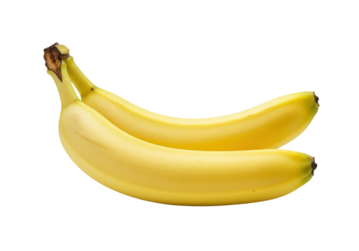 Two ripe yellow bananas with brown speckles, vibrant yellow peels, on a clean transparent studio background with soft diffused lighting, ample copy space, concept for healthy eating