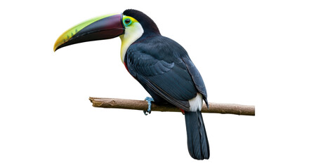 Isolated Channel-billed Toucan perched on branch with colorful beak, elegant tropical bird