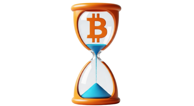 Isolated hourglass with Bitcoin symbol showing passing of time and market movement