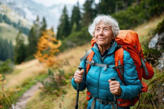 Happy senior woman enjoying trekking in mountain path during autumn