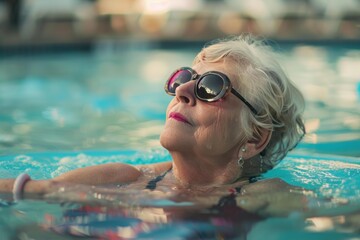 Carefree senior woman enjoying a relaxing swim in a pool, wearing sunglasses and embracing the summer vibes