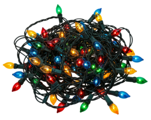 a tangled bundle of colorful christmas lights on black cables.