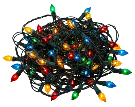 a tangled bundle of colorful christmas lights on black cables.