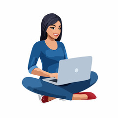 Young woman sitting cross-legged on the floor using a laptop with a smile