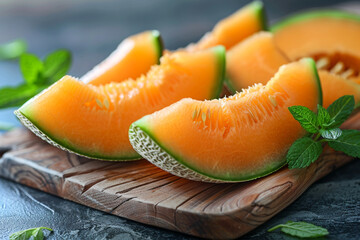 Fresh Cantaloupe Melon Slices on Wooden Board