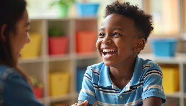 Happy Black boy laughs during autism therapy session with school counselor in supportive, inclusive learning environment. Encouragement, positive growth, understanding central to educational