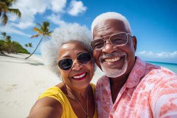Smiling retired couple enjoying summer holidays taking selfie on a tropical beach