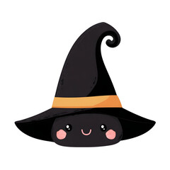 Cute kawaii witch hat with smiling face and rosy cheeks, cartoon clipart, isolated,white background