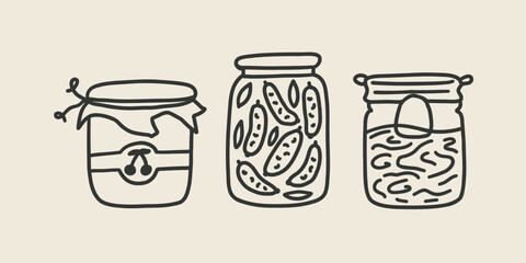 Preserve Glass Jar Jam Vegetable and Fruit Food. Vector Line Art Illustration