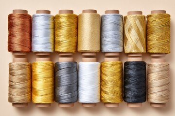 Set of metallic thread spools forming a colorful palette for sewing and embroidery projects
