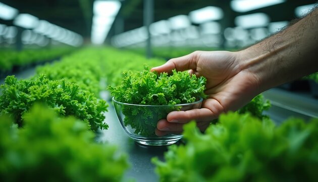 Hands harvest fresh organic leafy greens in modern urban vertical hydroponic farm. Rows of rich lettuce, kale grow under bright LED lights, signifying sustainable agriculture, food innovation. Clean,