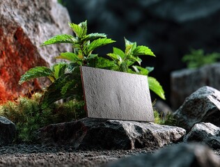 Dark gray business card nestled amongst vibrant green plants and rocky terrain