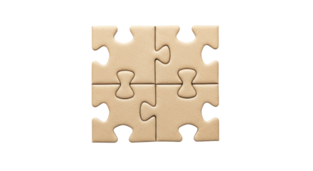 Isolated completed puzzle of four beige jigsaw pieces, conceptual problem solving game