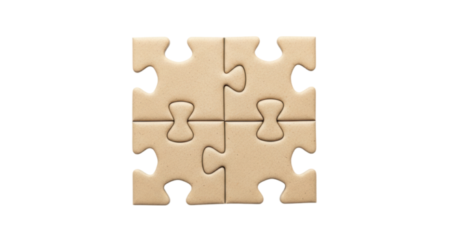 Isolated completed puzzle of four beige jigsaw pieces, conceptual problem solving game