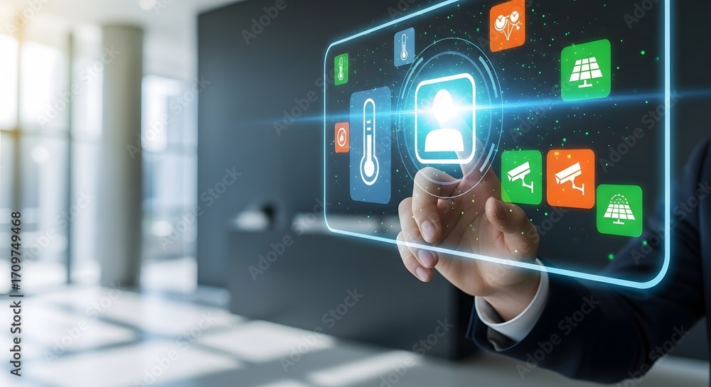 Poster hand interacting with futuristic digital interface for smart home automation and iot systems, showca