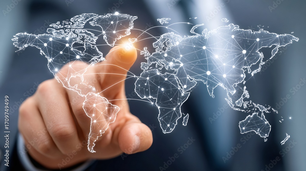 Poster businessman navigating global network, connecting world map with digital lines