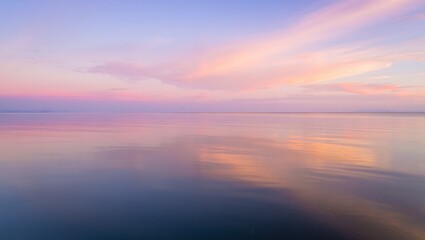 Serene pastel sunset sky reflected on calm water surface