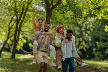 Obraz premium Two couples having a piggyback race in a park