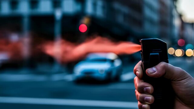 Man holding a pepper spray self-defense device, releasing deterrent in a city street setting at night, safety concept footage.