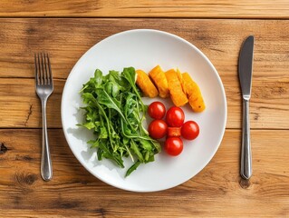 Healthy meal on a plate with salad, vegetables, and possibly fish